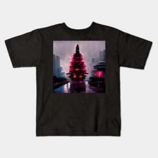 Neon Temple - Cyberpunk Cityscapes Kids T-Shirt